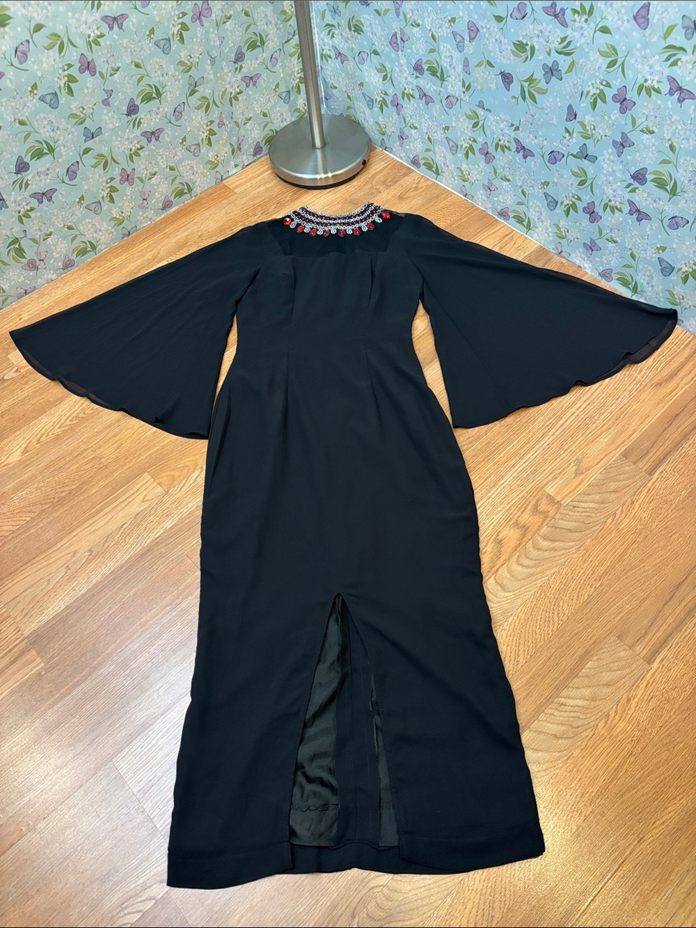 Elegant black long bell sleeve maxi dress with jeweled neckline. Size S. - Picture 12 of 17